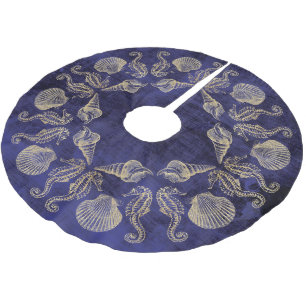 Cottage Beach Blue Gold Sea Shell Brushed Polyester Tree Skirt