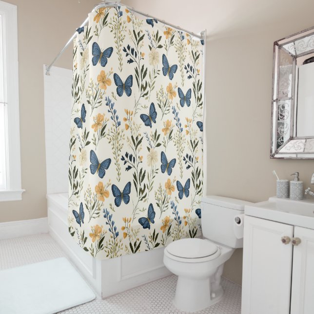 Cottage Blue Butterflies and greenery Shower Curtain (In Situ)