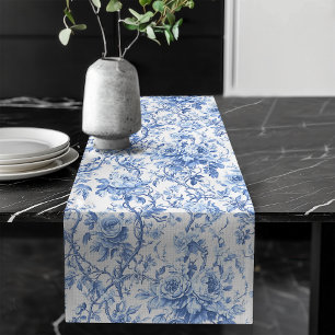 Cottage Blue French Toile Roses Floral Table Runne Long Table Runner