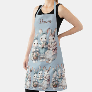 Cottage Bunny Sisters Watercolor Illustration Apron