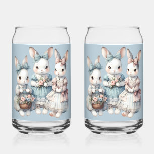 Cottage Bunny Sisters Watercolor Illustration Can Glass