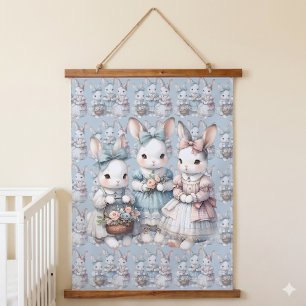 Cottage Bunny Sisters Watercolor Illustration Hanging Tapestry