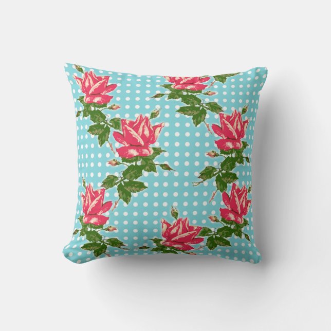 Cottage Chic Cabbage Roses and Dots Pillow (Front)