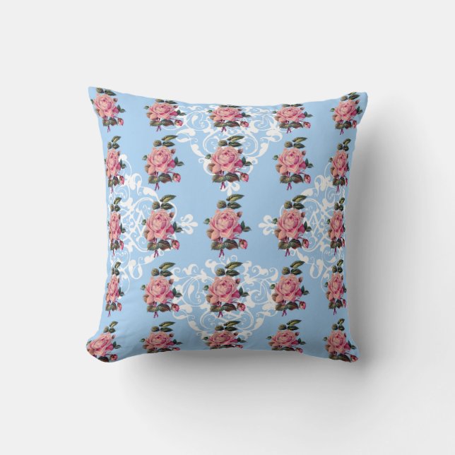 Cottage Chic Pale Blue with Roses Pillow (Front)