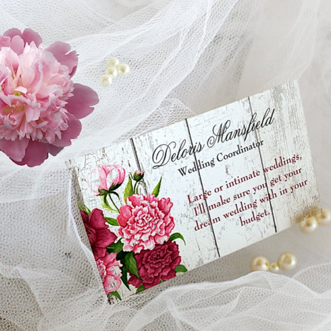 Cottage Chic Rustic Wood and Peonies Business Card (Creator Uploaded)