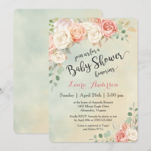 Cottage Chic Vintage Roses Baby Shower Invitation (Front/Back)