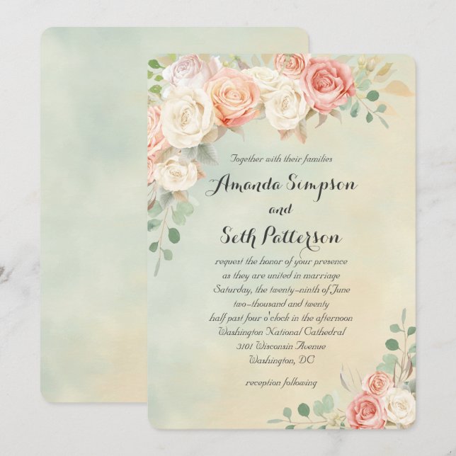 Cottage Chic Vintage Roses Wedding Invitation (Front/Back)