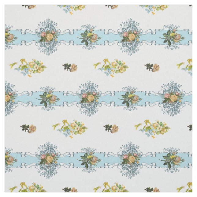 Cottage Chic Yellow Roses and Blue Ribbons Fabric (Swatch)