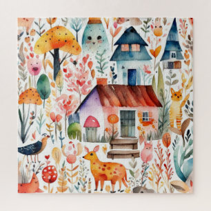 Cottage core floral countryside animals houses  jigsaw puzzle