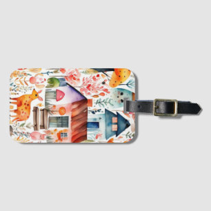 Cottage core floral countryside animals houses luggage tag
