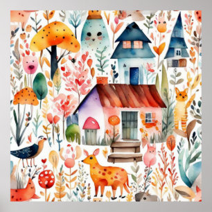 Cottage core floral countryside animals houses  poster