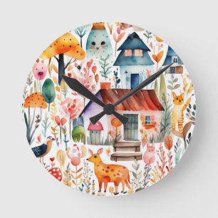 Cottage core floral countryside animals houses round clock