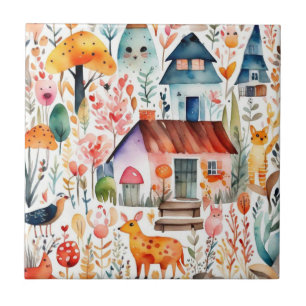 Cottage core floral countryside animals houses tile