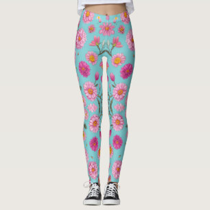 Cottage core floral white daisies pink flowers leggings