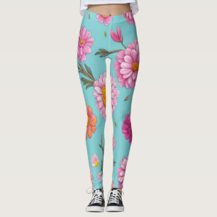 Cottage core floral white daisies pink flowers leggings