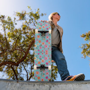 Cottage core floral white daisies pink flowers skateboard