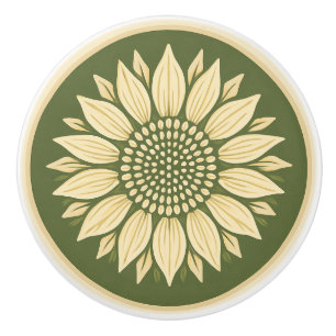 Cottage Core Ivory and Sage Sunflower Ceramic Knob