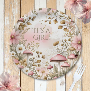 Cottage Core Mushrooms and Flowers   It's a Girl Paper Plate