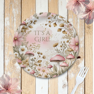 Cottage Core Mushrooms and Flowers It's a Girl Paper Plate
