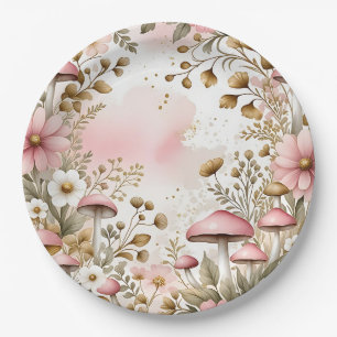 Cottage Core Mushrooms and Flowers Pink and Gold Paper Plate
