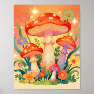 Cottage Core Mushrooms and Flowers Poster