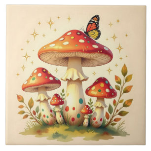 Cottage Core Vintage Mushrooms and Butterfly Tile