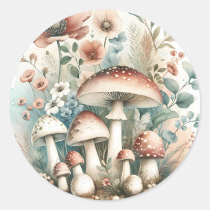 Cottage Core   Vintage Mushrooms and Flowers  Classic Round Sticker