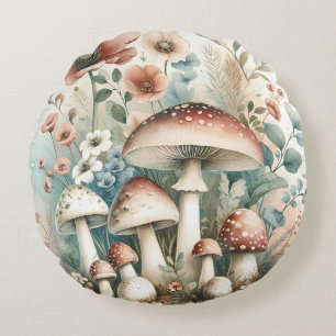 Cottage Core Vintage Mushrooms and Flowers Round Cushion