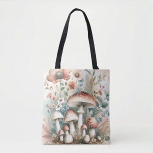 Cottage Core   Vintage Mushrooms and Flowers  Tote Bag