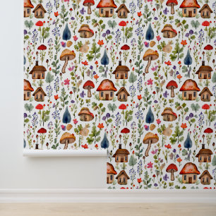 Cottage Core Whimsical Village, Mushrooms, Nature Wallpaper