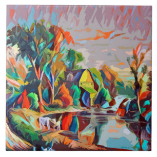 Cottage Cows Pond Landscape Abstract Art  Tile