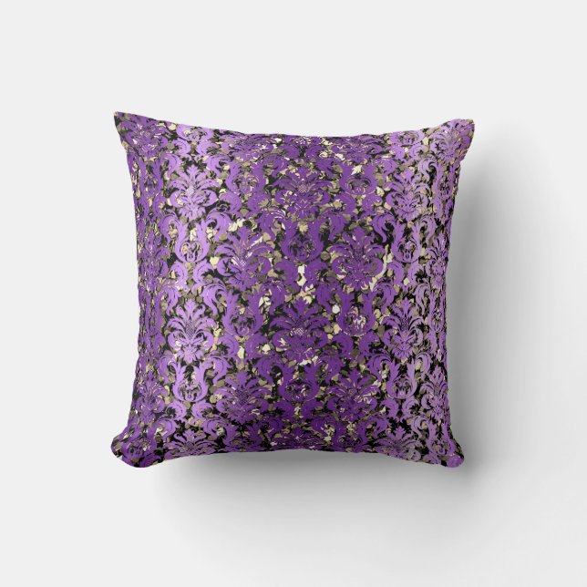 Cottage Damask Royal Sepia Gold Black Purple Cushion (Front)