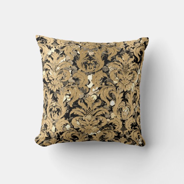 Cottage Damask Sepia Gold Sequin Royal Cushion (Front)