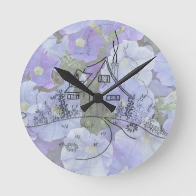 Cottage Embroidery & Petunias Round Clock (Front)