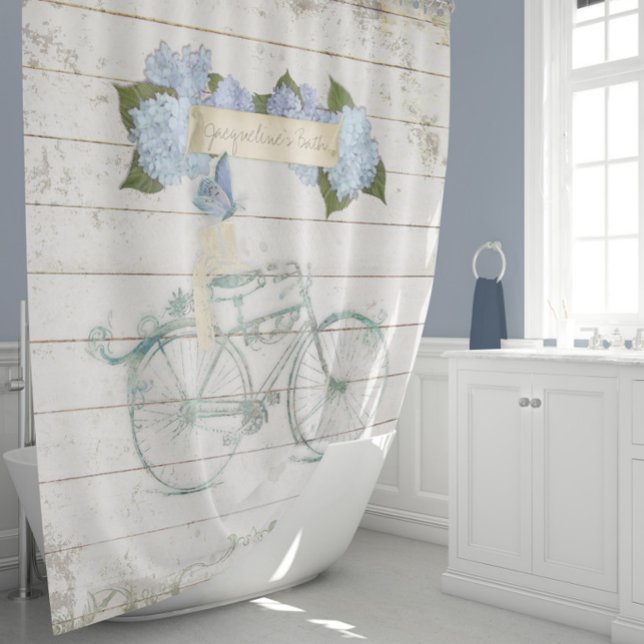 Cottage Farmhouse Shiplap Wood Hydrangea Bicycle Shower Curtain (Creator Uploaded)