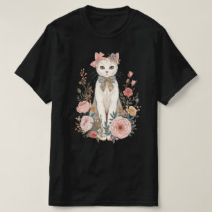 Cottage Floral Cat Coquette   Vintage Pastel Roses T-Shirt