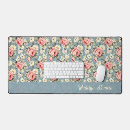 Cottage Floral Dusty Blue School & Office Desk Mat