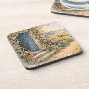 Cottage Garden Blue Door Floral Path Scene Coaster