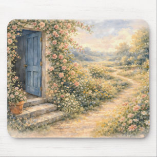 Cottage Garden Blue Door Floral Path Scene Mouse Mat