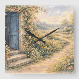 Cottage Garden Blue Door Floral Path Scene Square Wall Clock
