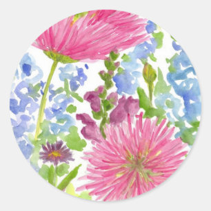 Cottage Garden Dahlia Bouquet Watercolor Flowers Classic Round Sticker
