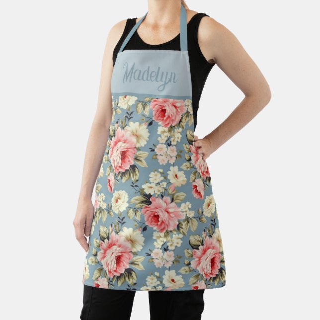 Cottage Garden Flowers Blue Monogram Name Apron (Insitu)