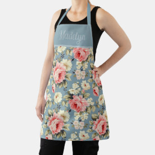 Cottage Garden Flowers Dusty Blue Monogram Name Apron