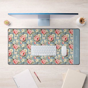 Cottage Garden Flowers Dusty Blue Monogram Name Desk Mat