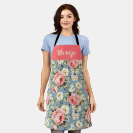 Cottage Garden Flowers Monogram Name Coral Pink Apron