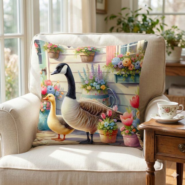 Cottage Garden Geese Spring Illustration Cushion (Cottage Garden Geese Spring Illustration Throw Pillow Mockup A)