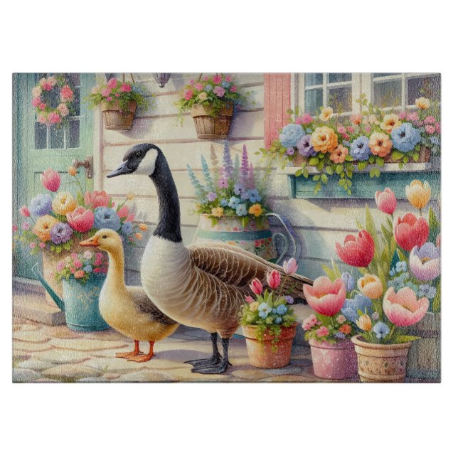 Cottage Garden Geese Spring Illustration Cutting Board (Front)