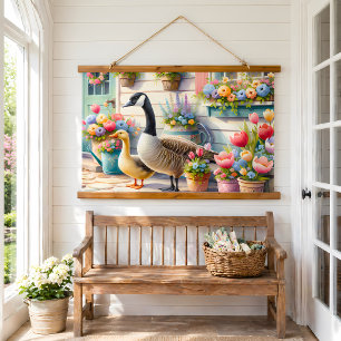 Cottage Garden Geese Spring Illustration Hanging Tapestry