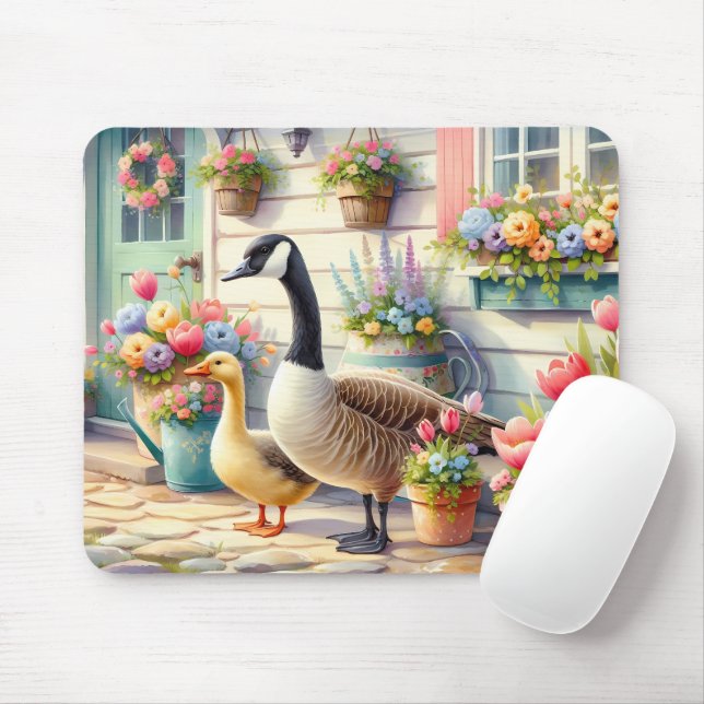 Cottage Garden Geese Spring Illustration Mouse Mat (With Mouse)