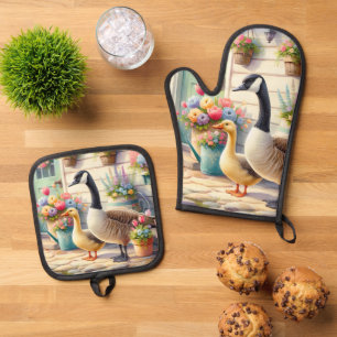 Cottage Garden Geese Spring Illustration Oven Mitt & Pot Holder Set